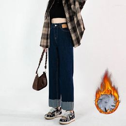 Damen Jeans Hohe Taille Breites Bein Herbst Winter 2024 Plüsch Warme Gerade Hosen Lose Lässige Denim Hosen