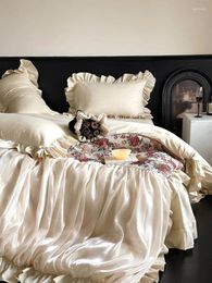 寝具セット4ピースの綿のプリーツ花のプリンセスキルトカバーフランスのロマンチックな植物フラワージャクアードブラシアームホーム1.8m大きな1pc