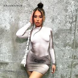 Casual Dresses ANJAMANOR 3d Body Printed Long Sleeve For Women Y2k Streetwear Fashion Mini Bodycon Dress Fall Winter Outfits D85-BC18