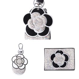 Upgrade 2022 Bling Crystal Camellia Car Key Case Shiny Keychain Holder Bag Case Diamond Car Accessories Interior For Woman Girls