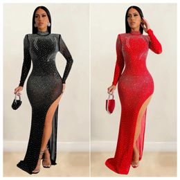 Casual Dresses Women Diamonds Rhinestones Mesh See Though Long Sleeve High Split Midi Maxi Dress Sexy Party Vestidos