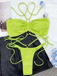 Women's Swimwear Halter Wrinkled Strappy Thong High Cut Bikini Women Female Swimsuit Two-piece Set Bather Bathing Suit Swim K3870