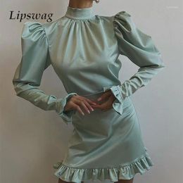 Casual Dresses Elegant Ladies Bubble Sleeve Pleated Patchwork Dress Fashion Solid Backless Sexy French Half Turtleneck Temperament