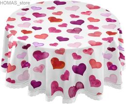 Table Cloth Valentines Day Tablecloths Pink Hearts Valentines Day Decorative Table Cloth Cover for Circular Table Dining for Holiday Party Y240401