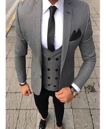 Three Piece Casual Men Suits 2019 Gray Jacket Double Breasted Vest Black Pants Slim Fit Wedding Groom Tuxedos4708473