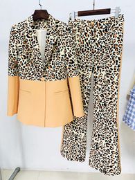 Women's Two Piece Pants HIGH STREET Est 2024 Designer Runway Suit Set Single Button Leopard Printed Colour Block Blazer Flare