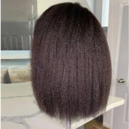 Soft Yaki Preplucked Middle Part Black Color Short 16Inch 180Density Kinky Straight Lace Front Wig Synthetic With Baby Hair