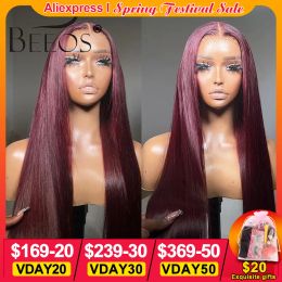 BEEOS Pure 99J Burgundy Red Colored 250% 13x6 HD Lace Frontal Wig Pre Plucked Raw Brazilian Wigs On Sale 30inch Straight