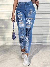 Women's Jeans Benuynffy Streetwear Hip Hop Letter Print Ripped Women Fashion Y2K Harajuku Mid Waisted Casual Pencil Pants Spring
