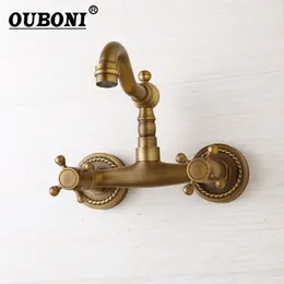 Bathroom Sink Faucets OUBONI Antique Brass Solid 2 Cross Handles Roman Retro Cold Faucet Wall Mounted Basin Mixer Tap