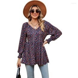 Women's Blouses Fashion Women Tops Long Sleeve Tunic Waist Shirts Spring Floral Print V-Neck Casual Office Shirt Ladies