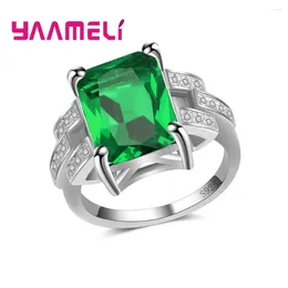 Cluster Rings Big Green Cubic Zirconia Stones Prong Setting Genuine 925 Sterling Silver Band Jewellery For Women Bridal Wedding