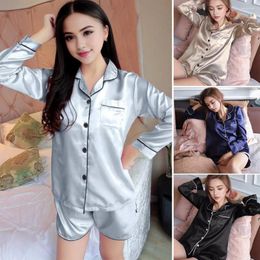 Home Clothing Womens Silk Satin Pyjamas Shorts Set Long Sleeve Sleepwear Women's Loungewear Suit Female Sleep Two Piece