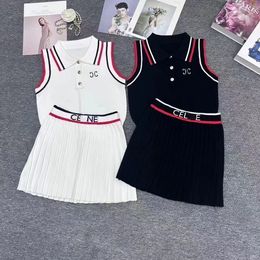 2024 Designer POLO Letter embroidery pattern lapel knit sleeveless vest + Luxury pleated skirt two-piece summer set