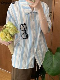 Women's Blouses Shirts Women Summer Baggy Striped Pockets Streetwear Leisure Simple Retro Ulzzang All-match Cosy Short Sleeve Chic Ins