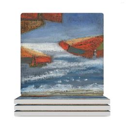 Table Mats Three Beach Umbrellas Painting Ceramic Coasters (Square) Pot Cute Kitchen Supplies Set For Drinks Creative