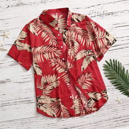 Hawaiian Shirt Men Holiday Short Sleeve Red Turn Down Collar Leaf Print Vacation Beach Tops Clothing Camisas 240322