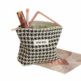 djdf Black & White Houndstooth Women's Cosmetic Bag Small Soft Canvas Portable Storage Bag Portable Toiletry Bag Coin Purse Ins 91ju#