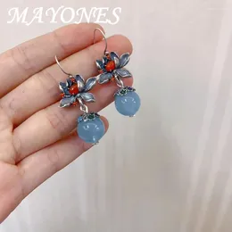 Dangle Earrings MAYONES 925 Sterling Silver South Red Agate Aquamarine Bead Drop Vintage Original Handmade Lotus Flower Small