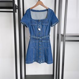 Designer Dress Trend 2024 Spring/Summer Retro Square Neck Denim Pocket Belt Single breasted Slim Fit Dress