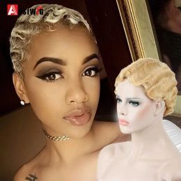 Wigs AOSIWIG Short Curly Black Cute Wig Black Finger Waves African Afro Hair Synthetic Wigs For Black Women Heat Resistant Cosplay