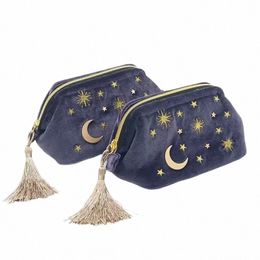 cute Veet Embroidery Cosmetic Bag Travel Organiser Women Makeup Bag Zipper Make Up Pouch with Mo Star Tassel Deco S6qT#