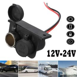 Two-Way 12V Car Cigar Cigarette Lighter Double Power Parts Replacement Two Interior Socket USB Auto Car Adapter Port Parts O1V7