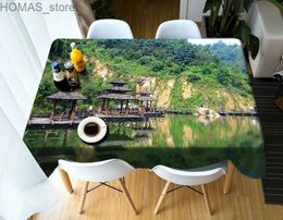 Table Cloth Colorful Flower Tablecloth Landscape Tree Stone Waterproof Rectangular Coffee Table Tablecloth Party Wedding Decoration Y240401