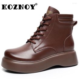Boots Koznoy 5cm British Genuine Leather Autumn Motorcycle Ankle Booties Punk Knee High Platform Wedge Thick Soled Women Shoes