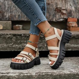 Sandals Summer Women'S Buckle Thick Sole For Ladies Solid Leather Belt Decorative Shoes Women Zapatos Paraes