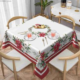 Table Cloth Christmas Poinsettia Flower Rectangle Tablecloth Kitchen Table Decor Reusable Waterproof Table Covers Wedding Party Decorations Y240401