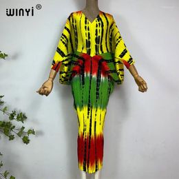 Casual Dresses WINYI Pleated Ladies Dress Colour Bohemian Print V-neck Long Sleeve Loose Calf Kaftan Style 2024 Beach Caftan