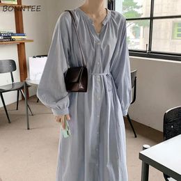 Casual Dresses Blue Women Ankle-length Loose Chic Korean Style Lantern Sleeve Clean Fit Single-breasted Lace-up Simple All-match