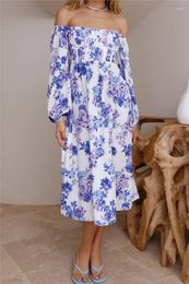 Casual Dresses Fashion Womens Midi A-Line Dress Long Sleeve Square Neck Split Flowy Summer Vacation Skin-Friendly