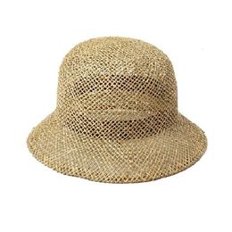 dome bell shaped hand woven seagrass straw hat outdoor travel sunshade Ladies straw fisherman Hollow bucket hat for summer 240325