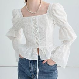 Women's Blouses Vintage Elegant White Blouse For Women Girls Puff Sleeve Shirt Tops