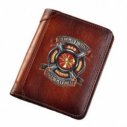 high Quality Genuine Leather Wallet Firefighter 343 Sacrifice Printing Card Holder Male Short Purses BK601 f5M8#