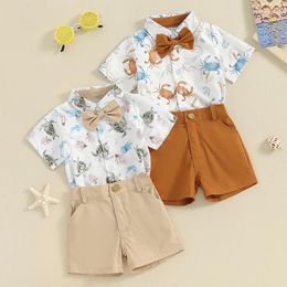 Clothing Sets Summer Toddler Boy Gentleman Outfit Ocean Print Short Sleeves Shirt With Bow Tie And Shorts Set For Formal Wear