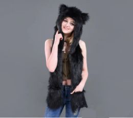 Imitate Fluffy Women Men Winter Animal Bear Leopard Wolf Tiger Cat Ear Hat Beanies With Mittens Gloves Plush Beanie Cap