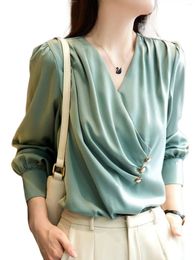 Women's Blouses Autumn Plus Size Pleated Vintage Ice Silk Blouse French Elegant Chic V-Neck Asymmetric Acetate Satin Blusas Mujer