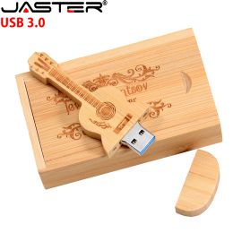 JASTER Wooden Guitar USB 3.0 Flash Drives 128GB Free Custom Logo Pen Drive 64GB with Box Memory Stick Music Creative Gift U Disc