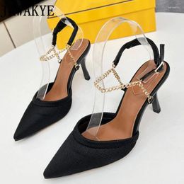 Dress Shoes French Style Summer Metal Chain High Heels Ladies Sandals Party Women's Black Pointed Toe Slingbacks