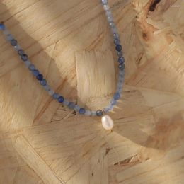 Chains Handmade Beaded Blue Natural Stone Freshwater Pearl Titanium Steel Accessories Women Necklace Collarbone Chain