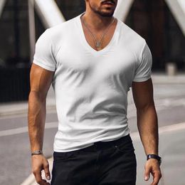 mens Tshirt crossborder clothing European and American foreign trade Vneck solid color casual short sleeved Tshi 240321