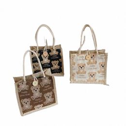 linen handbag. Cute bear pattern printing, Japanese and Korean style, lunch box and lunch bag for office workers C1Mu#