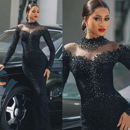 2024 Prom Dresses for Black Women Promdress Evening Dresses Elegant Illusion Long Sleeves Beaded Sequined Lace Birthday Party Dress Second Reception Gowns AM534