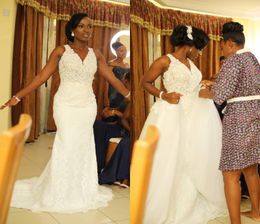 2022 African White Mermaid Wedding Dresses With Detachable Train V Neck Appliques Country Bridal Gowns vestidos de novia8029903