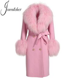 Wool Cashmere Coat Women with Luxury Real Mongolian Sheep Fur Collar Ladies Double Faced Coat Belt Winter Autumn Long Trench