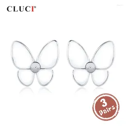 Stud Earrings CLUCI 3 Pair Silver 925 Cute Butterfly For Women Wedding Sterling Classic Pearl Ring Mounting Jewellery SE159SB