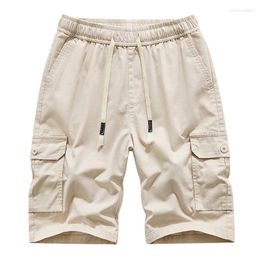 Men's Shorts Cotton Cargo Men Elastic Waist Solid Loose Casual Mens Sports Jogger Multi Pocket Knee Length Short Pants 30-42